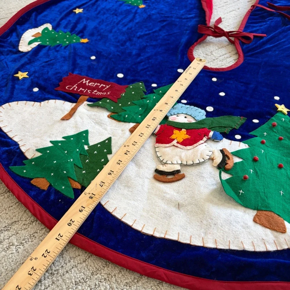 Snowman Skating 3D Felt Applique Blue Velvet Christmas Tree Skirt 43